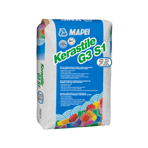 Σάκος 25kg κόλλας πλακιδίων Mapei Kerastile G3 S1.25kg bag of Mapei Kerastile G3 S1 tile adhesive in grey color.
