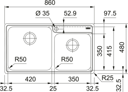 ΝΕΡΟΧΥΤΗΣ ΕΝΘΕΤΟΣ BELL BCX 620 860x480mm INOX FRANKE