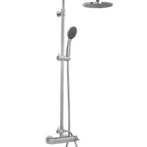 Στήλη ντουζιέρας Artemisia χρωμέ, ορειχάλκινη, με κώδωνα Ø220, τηλέφωνο 3 λειτουργιών και ρυθμιζόμενο ύψος.Artemisia chrome brass shower column with Ø220 head, 3-function handset and adjustable height.