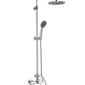 Στήλη ντουζιέρας Optima χρωμέ, ορειχάλκινη, με κώδωνα Ø220, τηλέφωνο 3 λειτουργιών και ρυθμιζόμενο ύψος.Optima chrome brass shower column with Ø220 head, 3-mode handset and adjustable height.