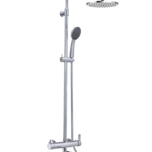Στήλη ντους Irida χρωμέ, ορειχάλκινη, με κώδωνα 200x200mm, τηλέφωνο, διανομέα 3 λειτουργιών και ρυθμιζόμενο ύψος.Irida chrome brass shower column with 200x200mm head, handset, 3-function diverter and adjustable height.